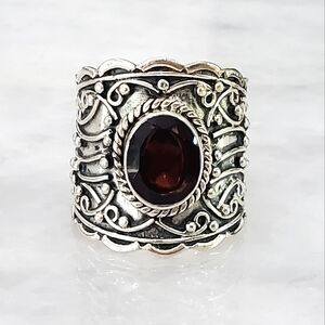 Rare SILPADA 925 Sterling Silver Bali Style Scroll Faceted Garnet Ring